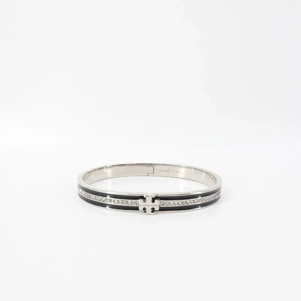 Tory Burch Kira Pave Enamel Hinge Bracelet Black/ Silver OS - Picture 9 of 14